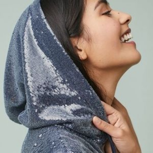 Anthropologie Tops - Anthropologie sequined hooded sweatshirt blue NWT